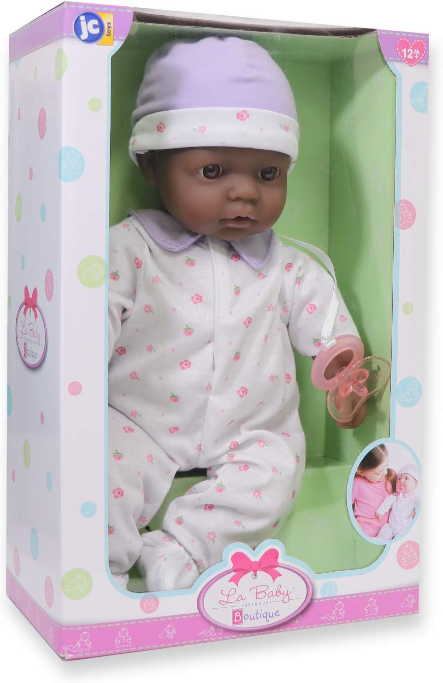 JC Toys African American 16-inch Medium Soft Body Baby Doll La Baby | Washable |Removable Purple Outfit w/ Hat and Pacifier | for Children 12 Months +, 16 inches