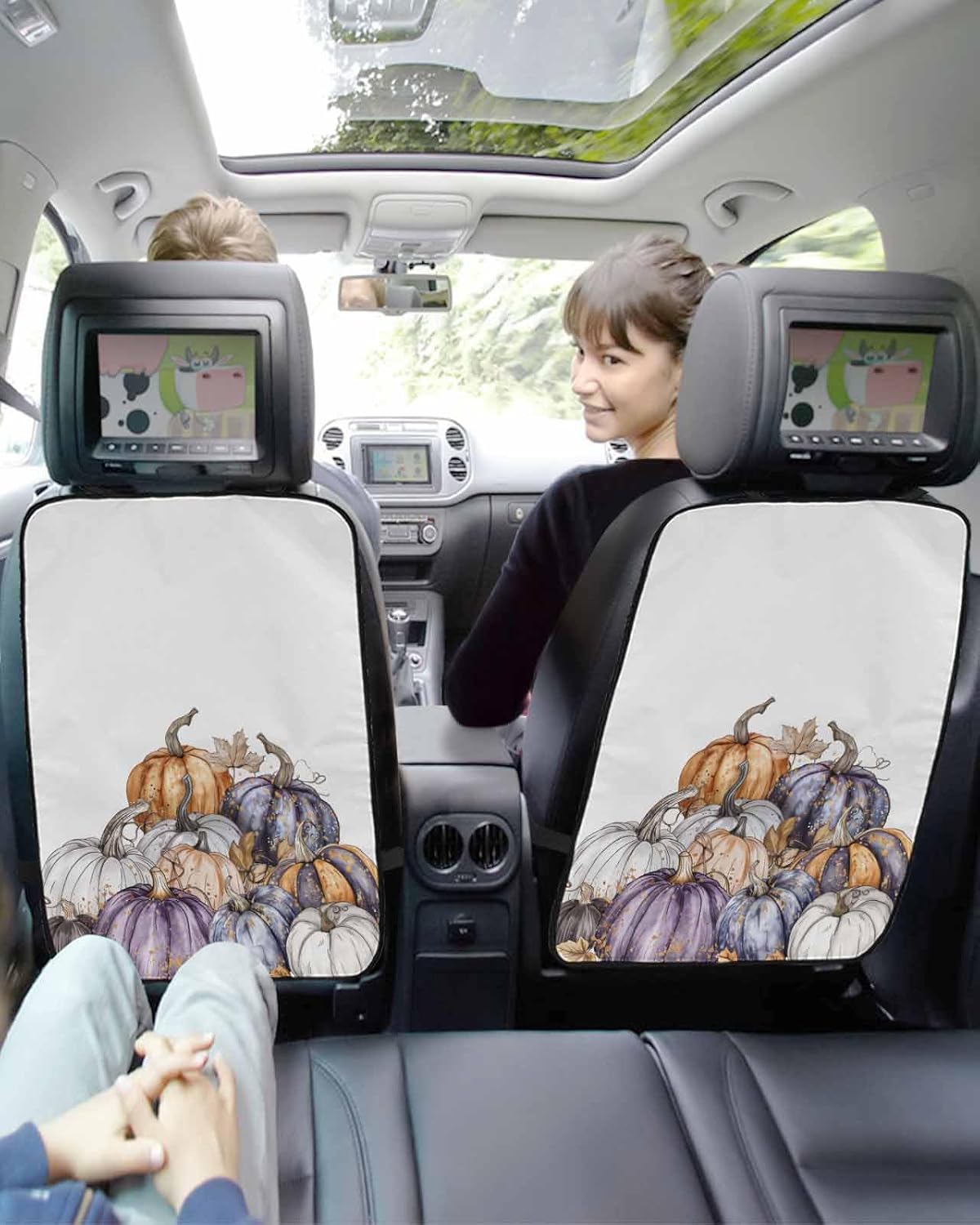 T&H XHome Car Seat Protector, 2 Pack Kick Mats Back Seat Protector Fall Watercolor Multicolor Pumpkin Waterproof Backseat Cover for Kids Universal Fit Automotive Interior Protectors