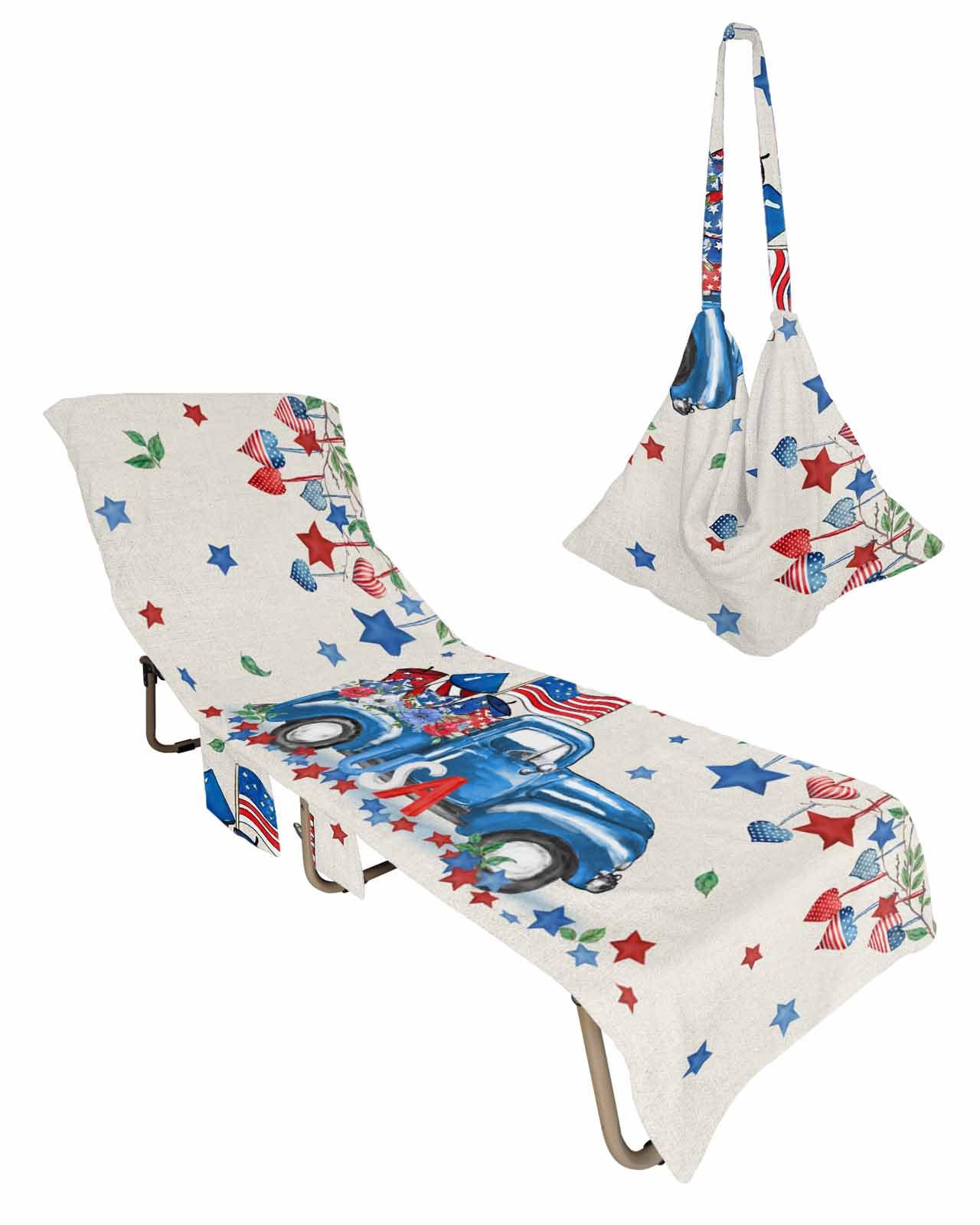 4th of July Floral Beach Chair Towel Covers for Chaise Lounge with Side Pocket, Soft Plush Pool Towels Cover for Patio Sunbathing Outdoor 29''x85'' Patriotic Memorial Truck Love Star Leaves