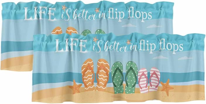 Blue Summer Beach Curtain Valances for Windows, Kitchen Valance Window Treatments Panel 2 Pack, Nautical Coastal Ocean Sea Rod Pocket Short Curtains for Bathroom Bedroom 42 x 12 Inch