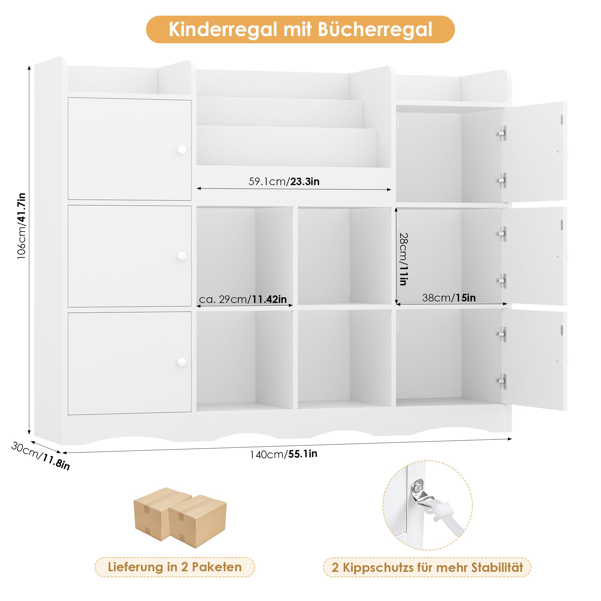FOREHILL Kinderregal mit 12 Fächer, Bücherregal Kinder, Spielzeug Aufbewahrung, Kinderzimmer Möbel mit 6 Türen, Spielzeugregal mit Montessori Regal 140x30x106 cm Weiß
