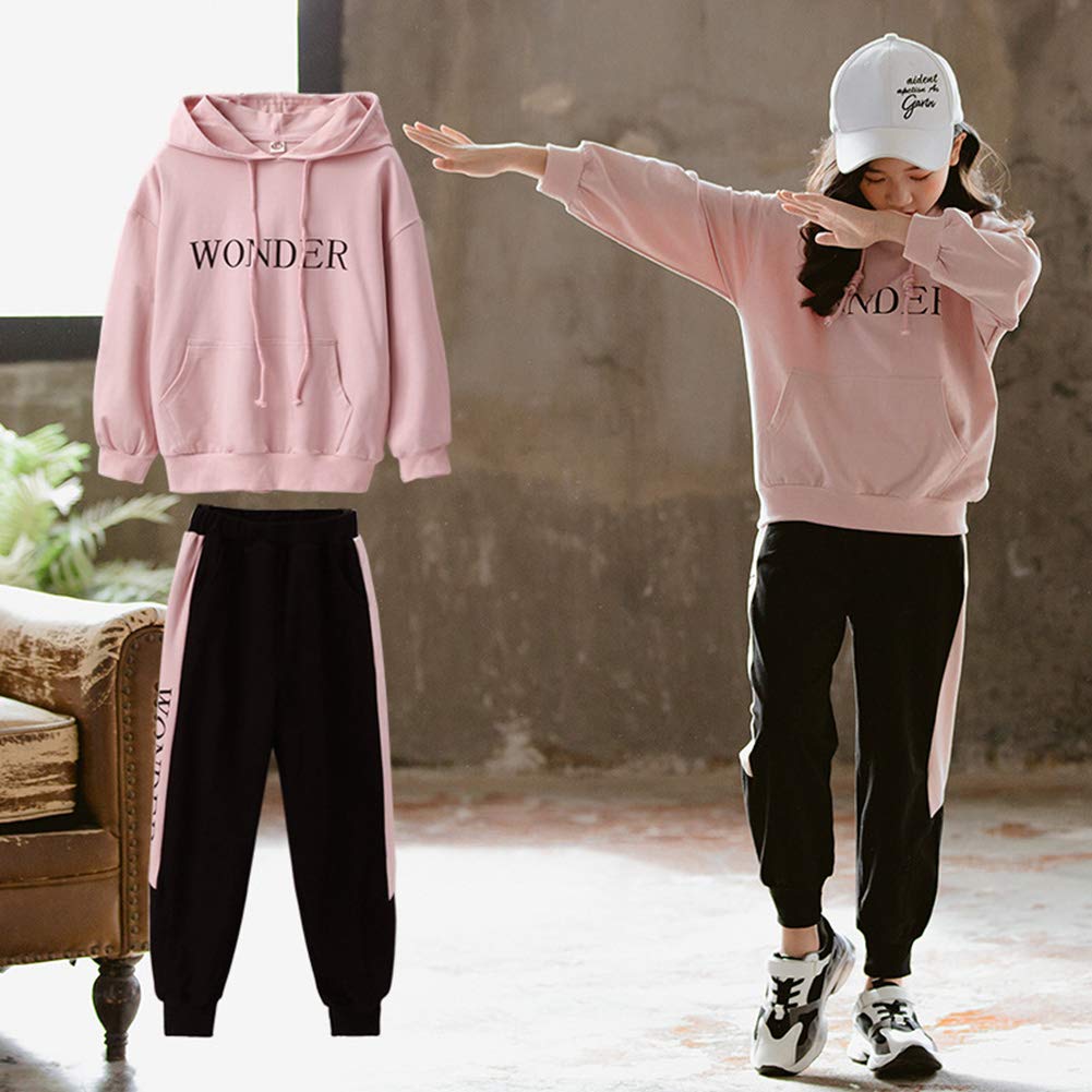 Chándal infantil para niña, chándal de 2 piezas, conjunto de ropa para el tiempo libre (sudadera + pantalones de sudadera) primavera y otoño, Rosa., 134 cm-140 cm