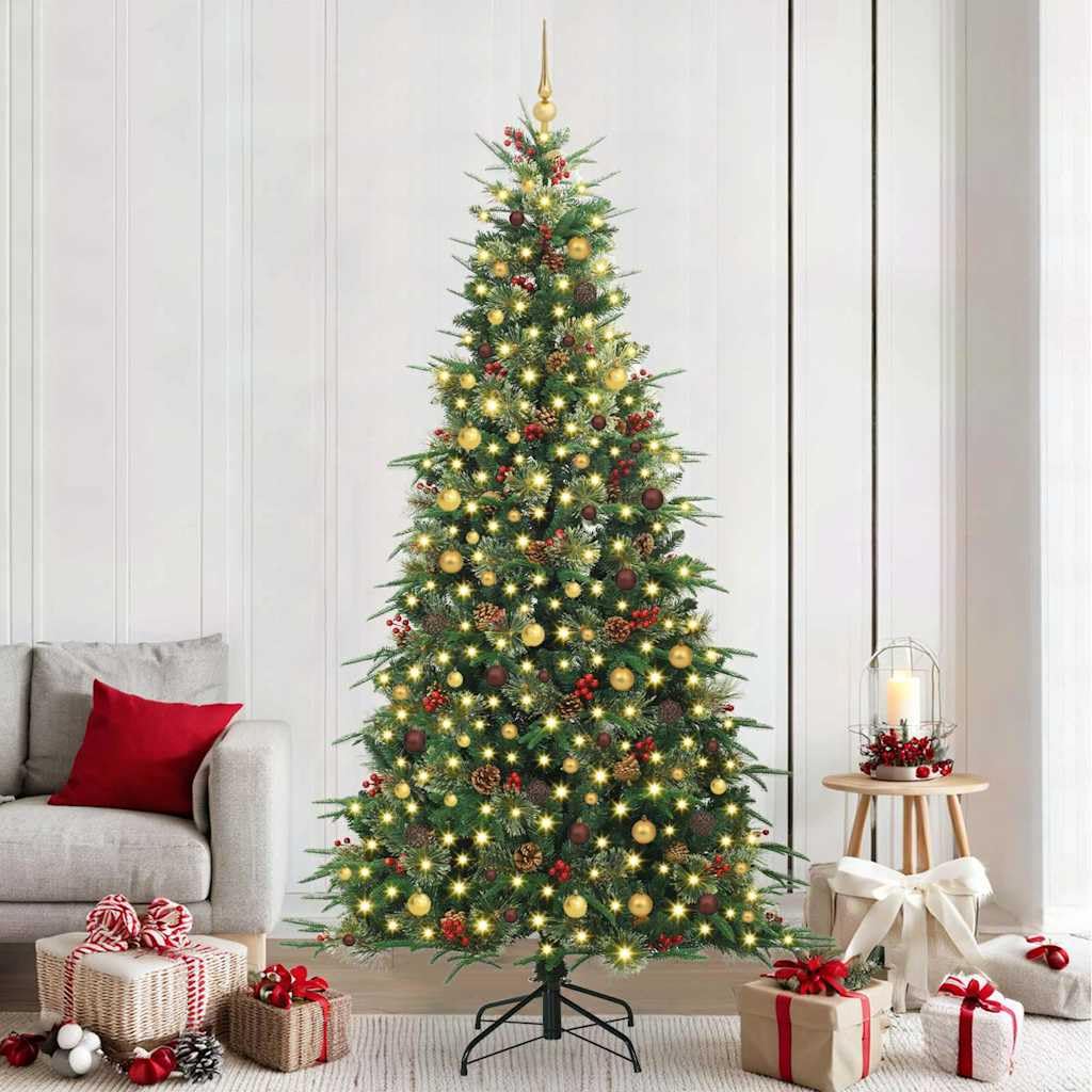 vidaXL Albero di Natale Artificiale con Rami Pieghevoli Verde 240 cm, Albero di Natale a forma di cono, decorazione resistente, luci festive con stringa bianca calda