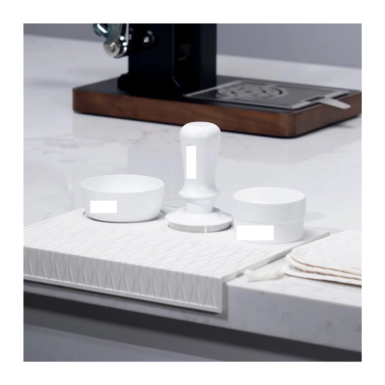Juego de manipulación blanco 6 en 1, kit accesorios con café, distribuidor, tapete silicona para Café(White 58MM)