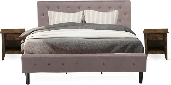 East West Furniture NL14K-2GA07 3 Piece Bedroom Set - Button Tufted Bed Frame - Brown Taupe Velvet Fabric Upholstered Headboard and a Distressed Jacobean Finish Nightstand