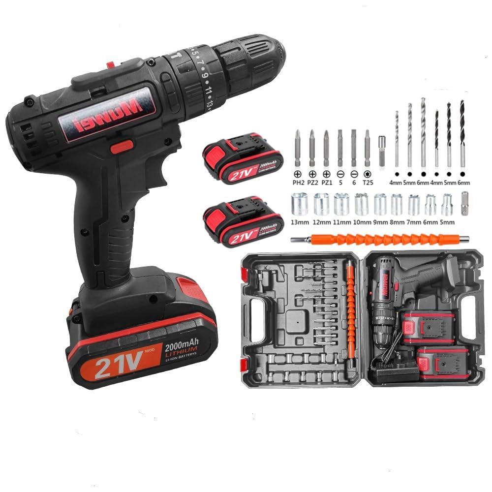 Sports Flyfree Black Cordless Drill Driver, 21V Electric Drill Screwdriver Kit With 25+1 Torque, 2 Speed With 2 Batteries 2.0Ah, Led Light Cordless Combi For Home And Garden Diy Project (Black)
