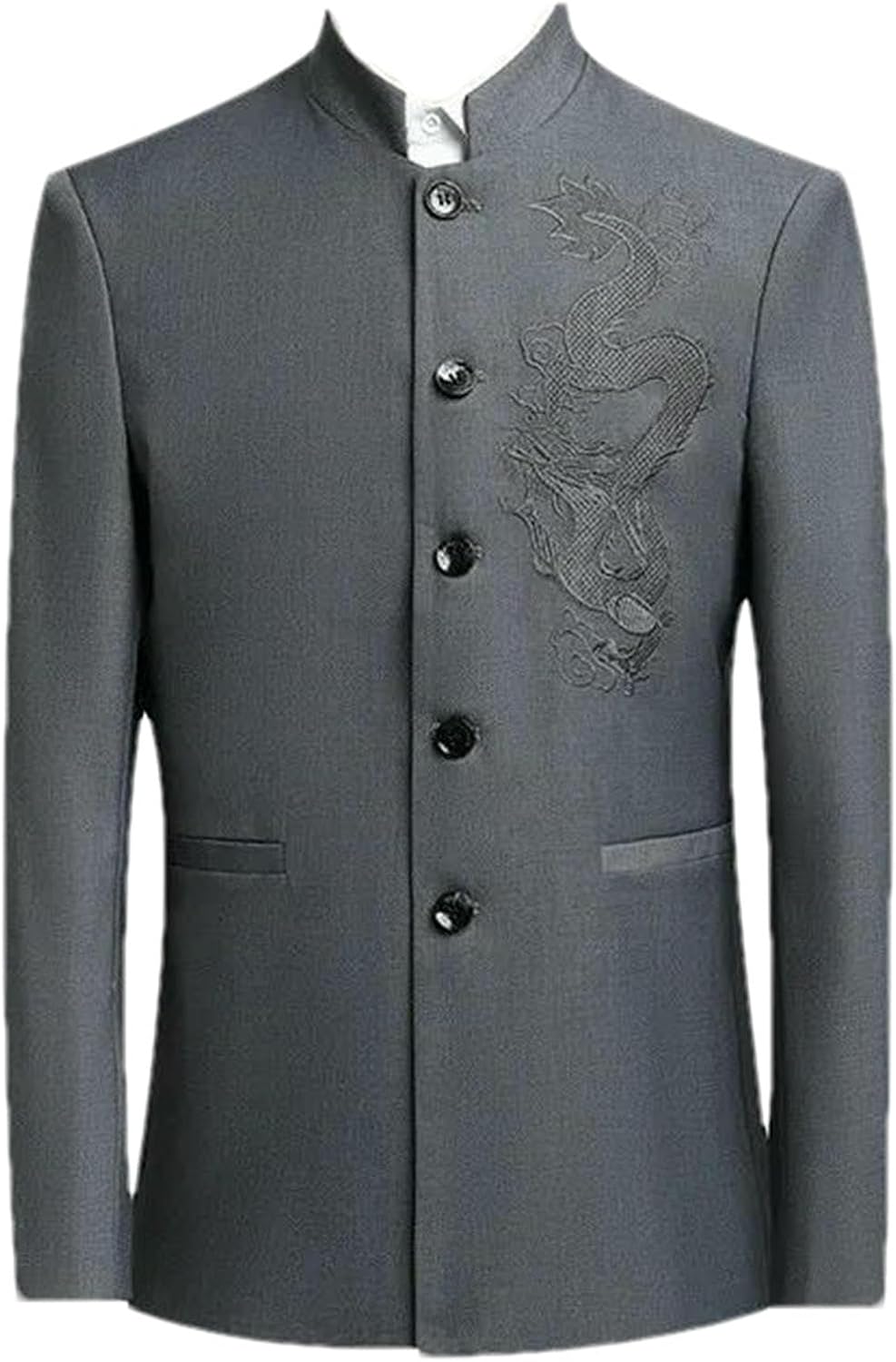 Chinese Tunic Suit Men’s Zhongshan Suit Jacket Mandarin Collar Blazer Dragon Embroidery Stand Collar Button Coat