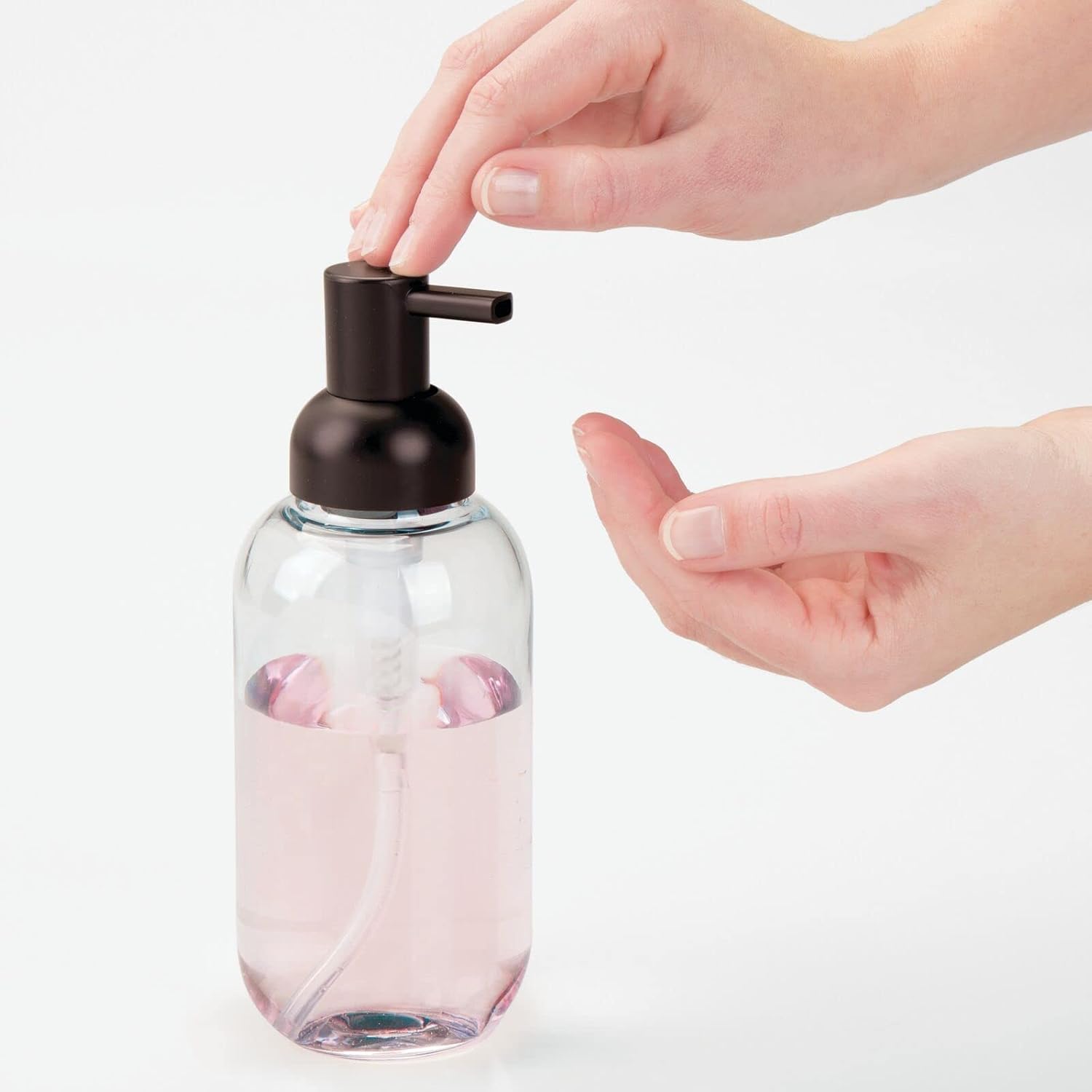 mDesign Round Plastic Refillable Liquid Soap Dispenser Pump Bottle for Bathroom Vanity Countertop, Kitchen Sink - Holds Hand Soap, Dish Soap, Hand Sanitizer, Essential Oils - 2 Pack - Clear/Bronze