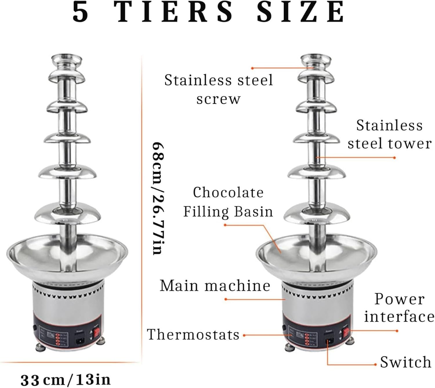 Commercial Electric Chocolate Fountain Stainless Steel Sauce Melting Pot for Party,Wedding,Buffet Equipment 4/5/6/7 Layer Chocolate Waterfall Machine (5 Tiers)