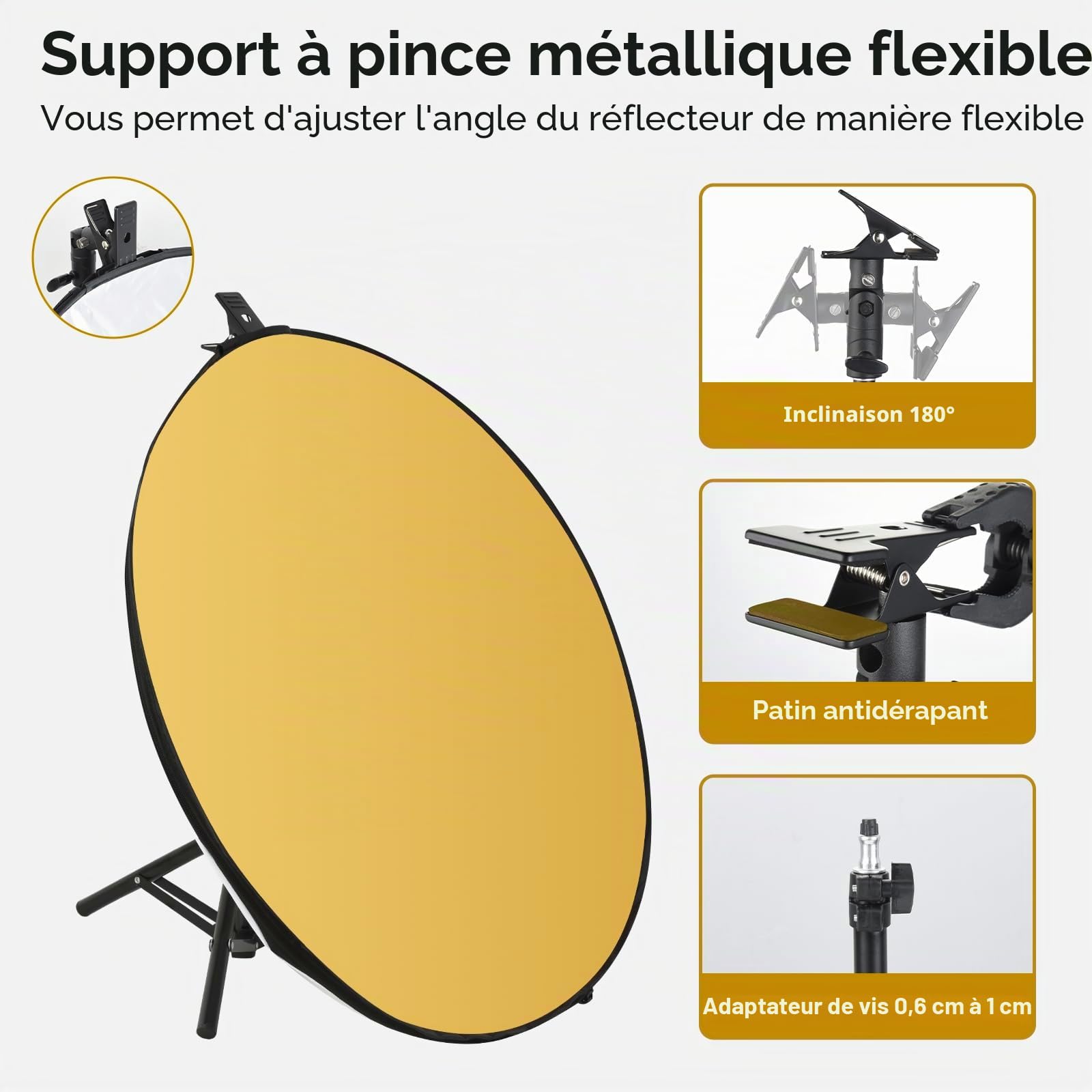 UTEBIT 5 en 1 Réflecteur Lumière avec Support de Trépied, Diffuseur de Lumière 60cm avec Sac de Transport Panneau Réflecteur Photo Pliable pour Éclairage de Studio, Translucide/Argent/Or/Blanc/Noir