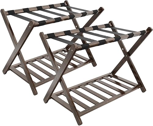Miniatura 11 de Portaequipajes, juego de 2 portaequipajes plegables para habitación de invitados, soportes de maleta de bambú con correas de nailon, soporte de