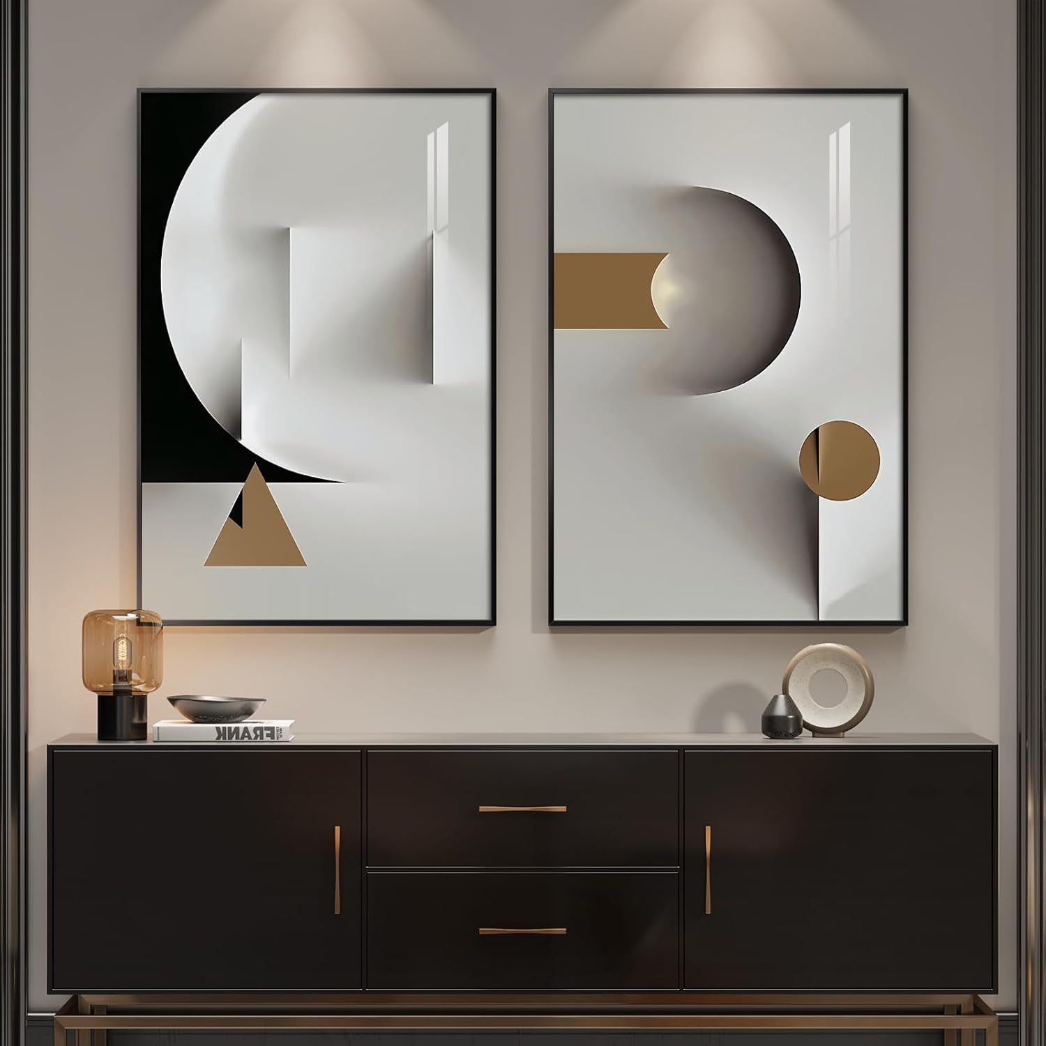 2 Piece Framed Modern Wall Art for Bedroom, Large Black and White Minimalist Paintings Print, Bright Style Geometric Pictures Artwork Decor for Living Room Dining Room Hallway, 24x36 Inch
