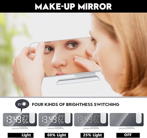 Miniatura 3 de Reloj despertador de proyección para dormitorio, reloj despertador digital con cargador USB, pantalla de espejo LED grande de 7.4 pulgadas, radio