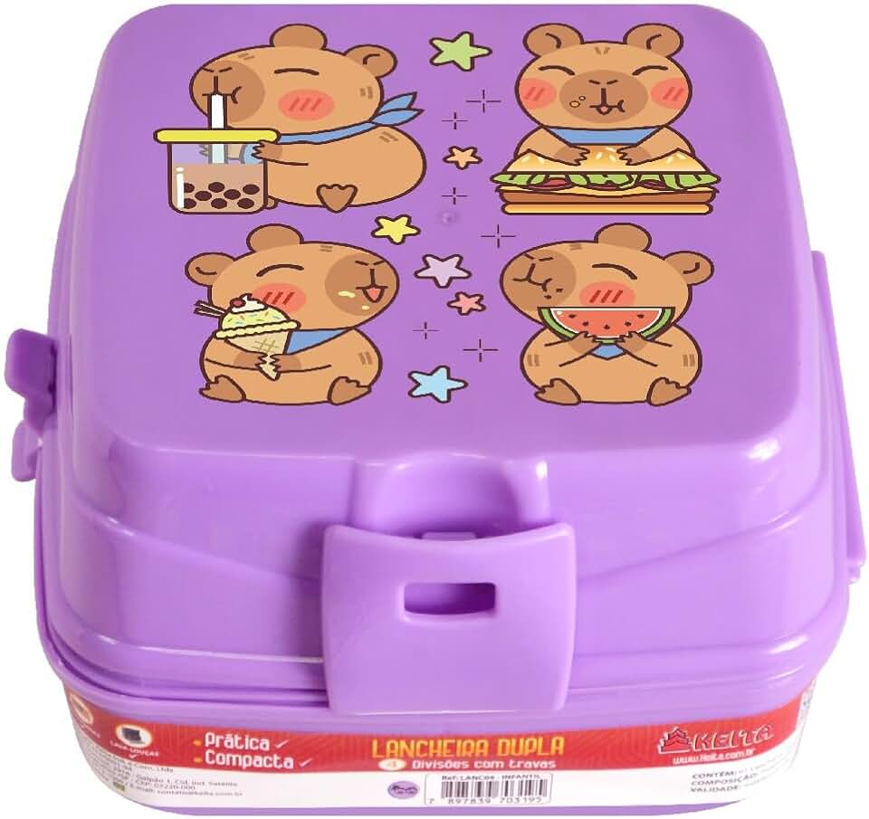Lancheira Marmita Escolar Divertida Infantil Com 4 Divisórias Com 2 Compartimentos Cores E Desenhos (Lilás Capivara)
