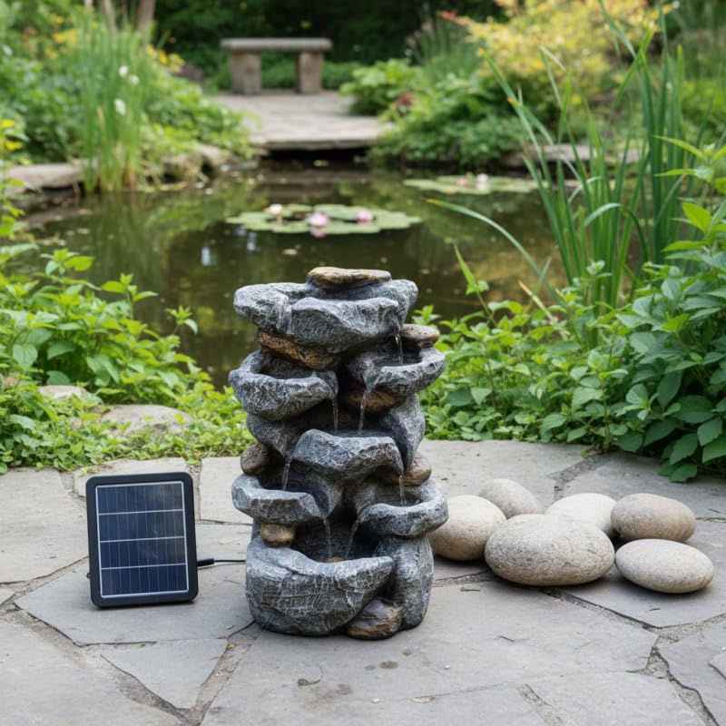 Fontaine solaire de jardin pour terrasse zen en polyrésine grise
