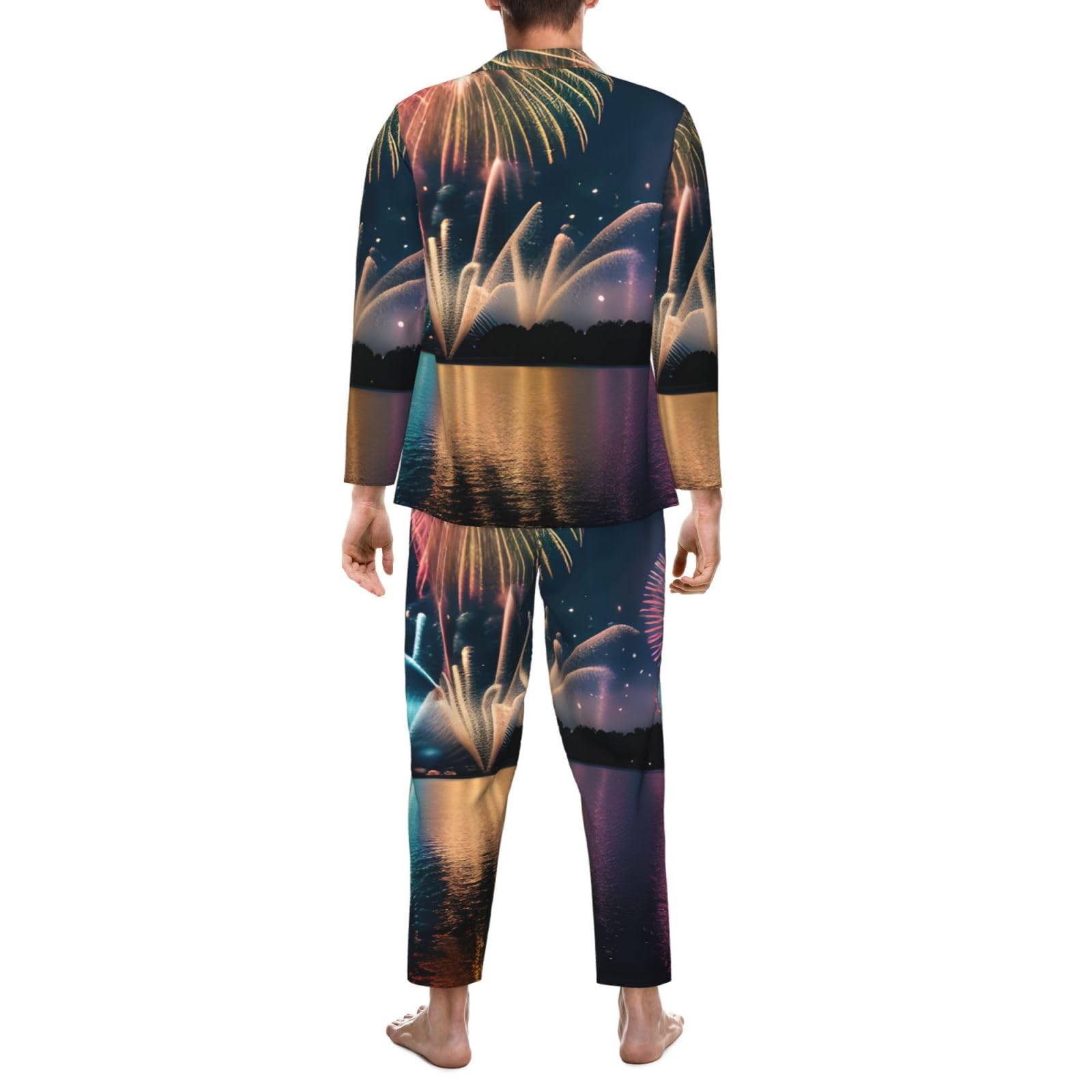 Herren-Pyjama-Set mit Feuerwerks-Aufdruck, langärmelig, zweiteilig, Hauskleidung, bequeme Nachtwäsche