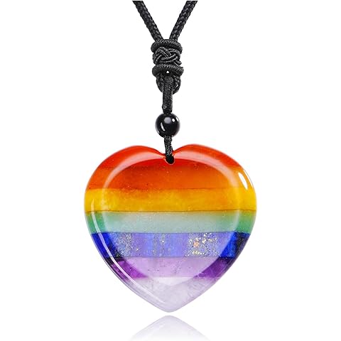 Jovivi Natural 7 Chakras Healing Crystals Necklace Heart Gemstone Palm Worry Stone Chakra Pendant Necklace for Anxiety Stress Relief Balancing Meditation