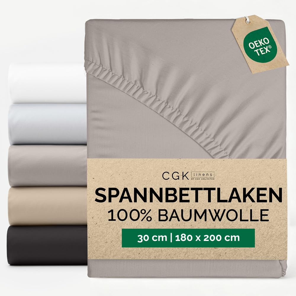 Spannbettlaken 180 x 200 cm Baumwolle - Mako Satin 400 Fadenzahl - Für Matratzen bis 30 cm (12