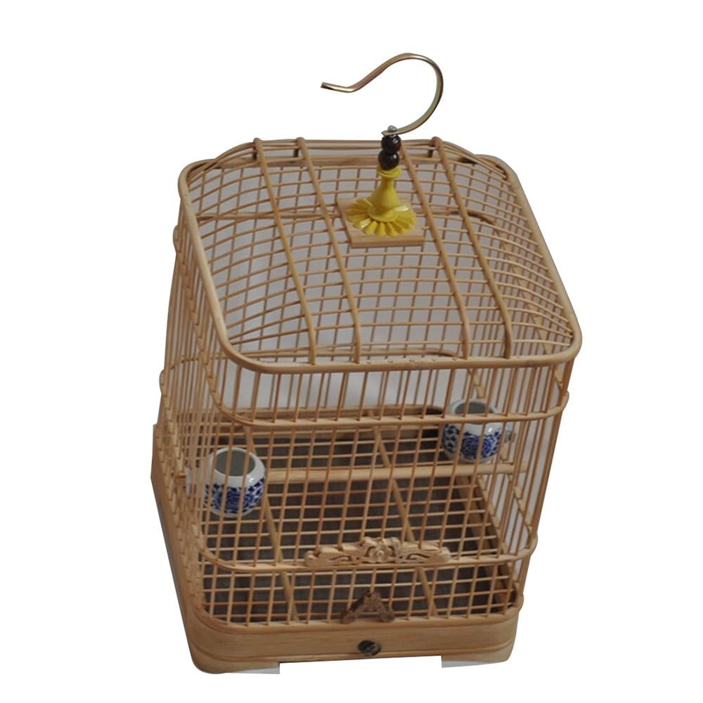 Gabbia per uccelli Piccola gabbia for uccelli quadrata fatta a mano con fondo staccabile, serratura e gancio, leggera portatile Supporto per gabbia di volo(Natural)