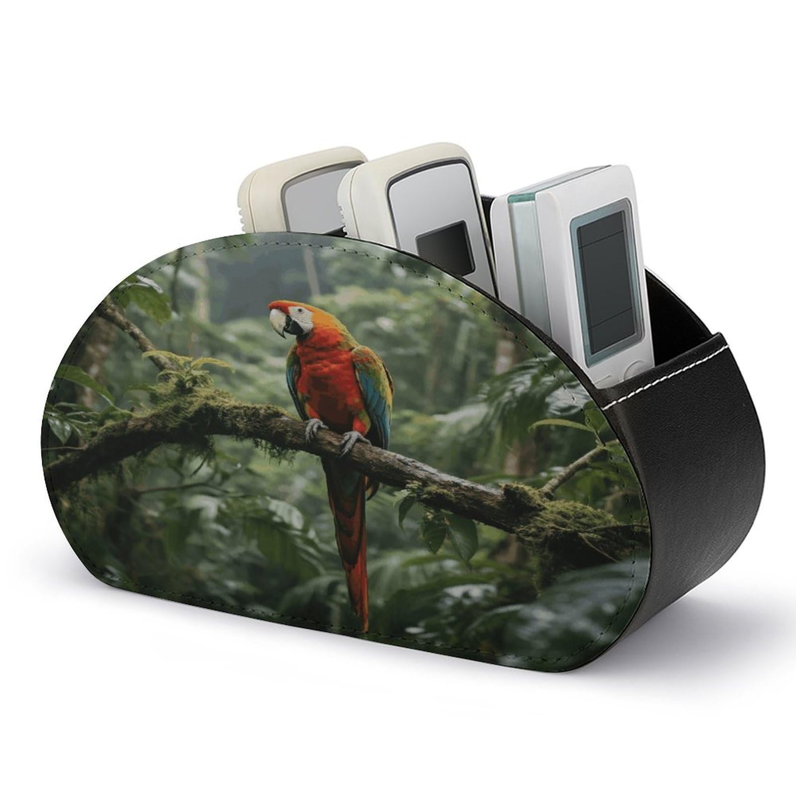 VstaDank Parrot_rainforest Remote Control Holder with 5 Compartments PU Leather TV Remoter Caddy Desktop Organizer TV Remote Holder Remote Box for Media Controllers Office Supplies