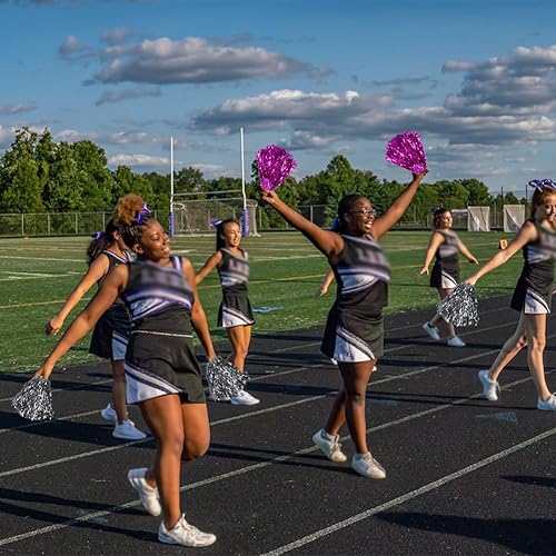 Miniatura 10 de Hooshing 12 pompones de animadora metálicos con asas de plástico para animadores, escuadrón animador, deportes de espíritu de equipo, 12 unidades