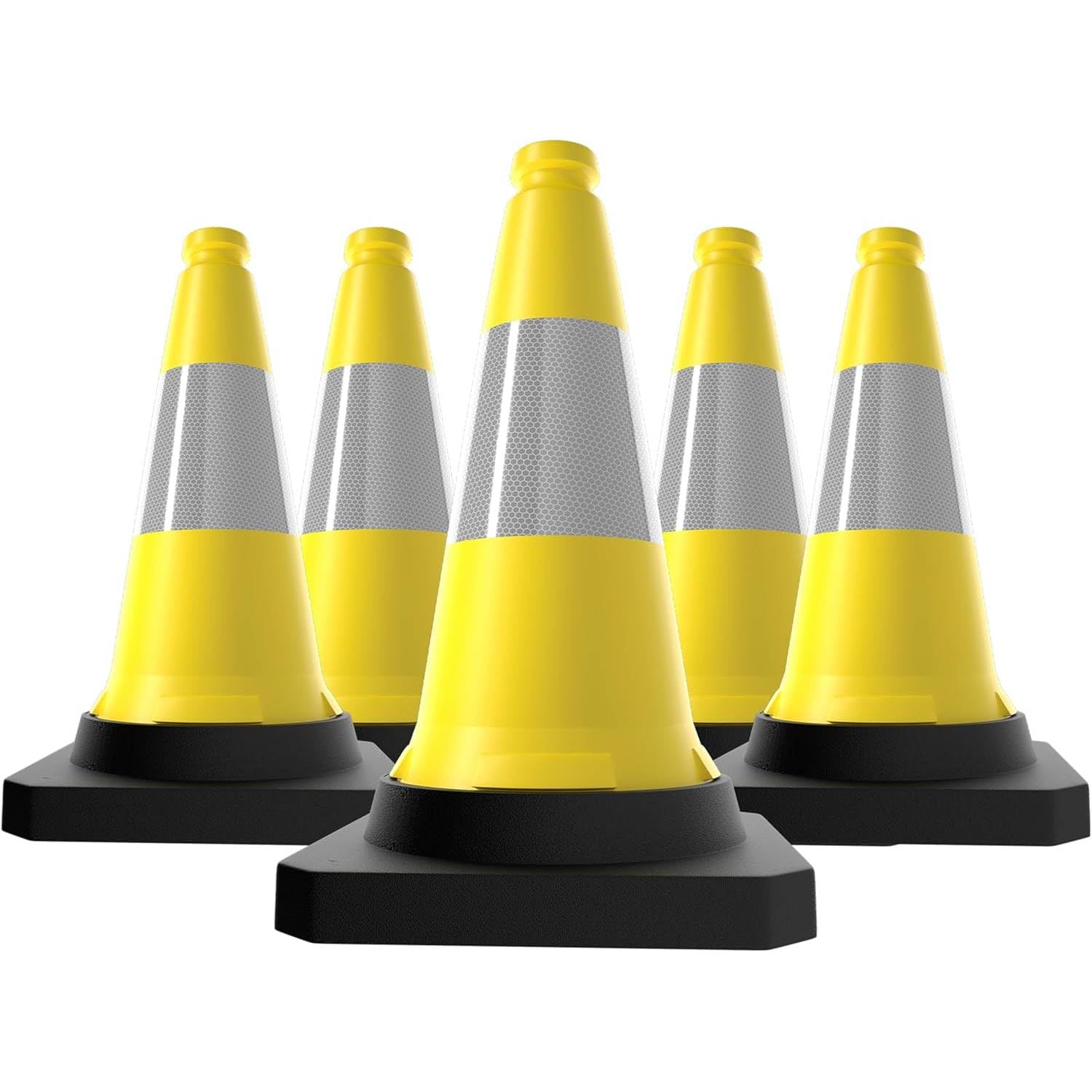 Berry Traffic Cone 500 MM | High Visibility Reflective Yellow Safety Cone with Black Weighted Base | Wind Resistant PE Road Cone for Driveway, Street, Parking & Construction Use - 5 Cones