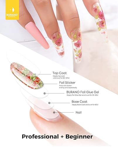 Miniatura 4 de BURANO Gel de pegamento para arte de uñas, 0.5 onzas líquidas, 2 botellas con 60 calcomanías de láminas, diseño de uñas, arte de transferencia
