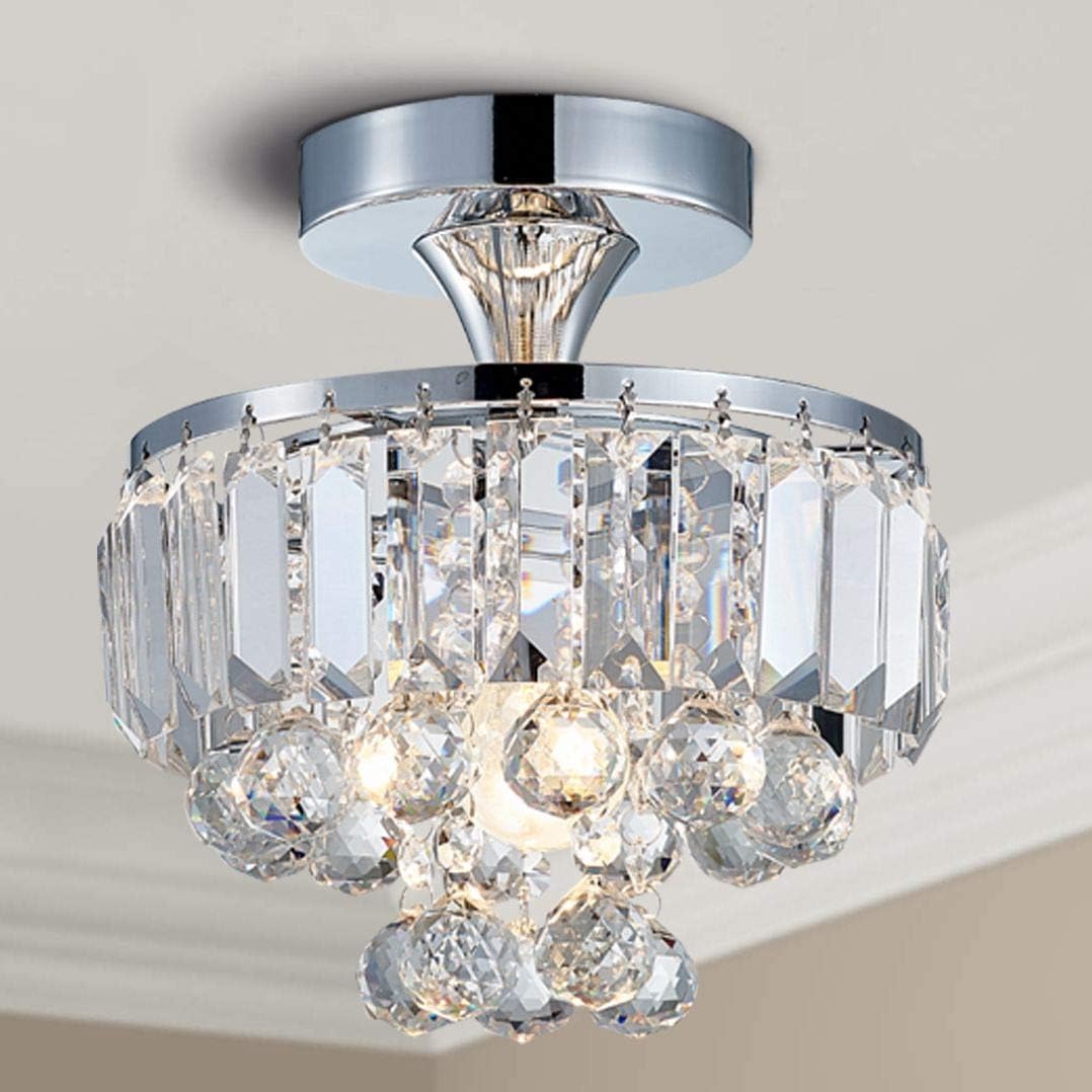 Bestier Modern Chrome Crystal Semi-Flushmount Chandelier Lighting LED Ceiling Light Fixture Lamp for Dining Room Bathroom Bedroom Livingroom Diameter 9" Height 10"