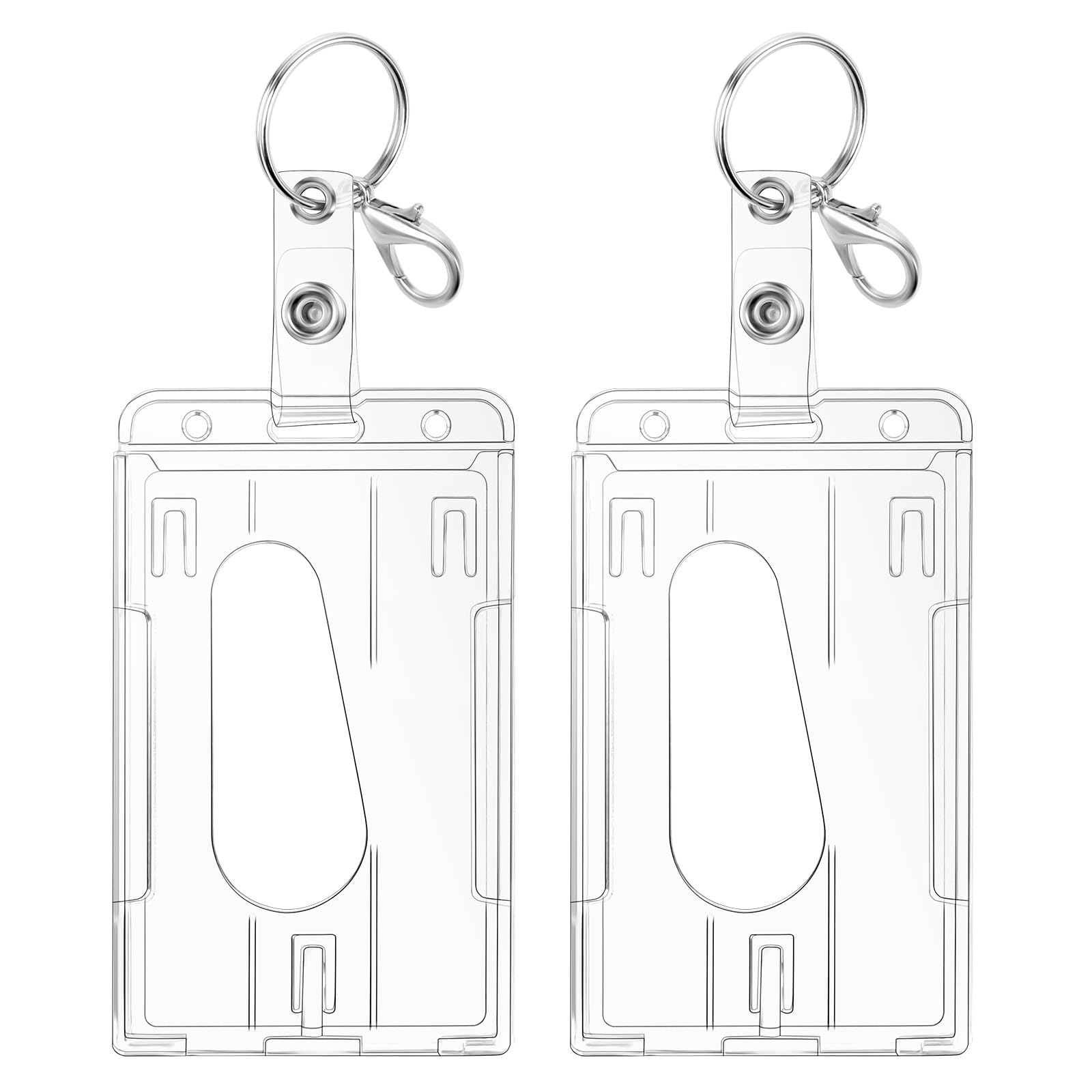 TIESOME 2Pcs Hard ID Badge Card Holder Set with Keyring and Clip,Thumb Slot Clear Card Protector Hard Plastic Card Case for Keychain Office School (Vertical)