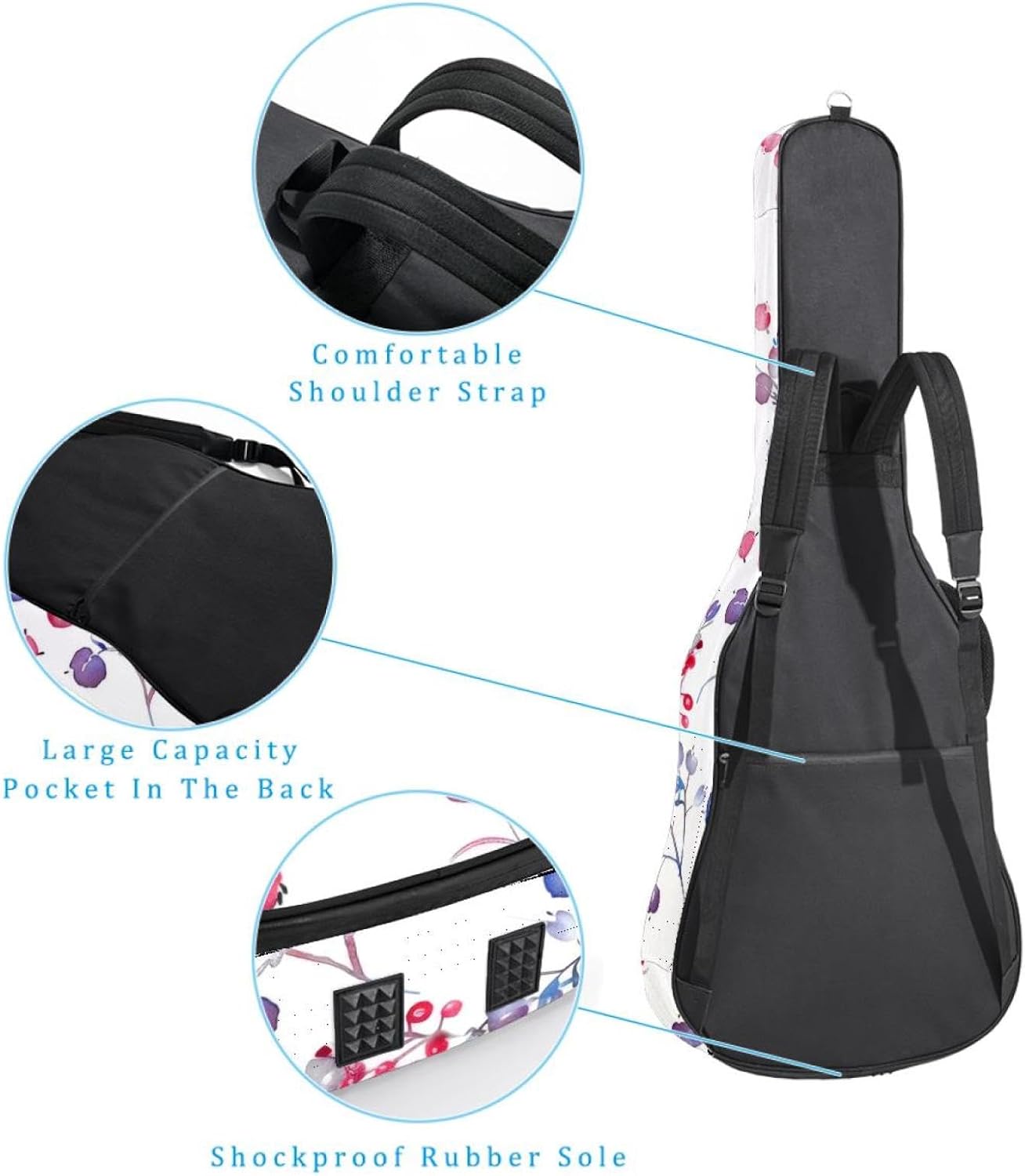 Acoustic Guitar Bag, 40 41 42 Inch Guitar Case Cover Soft Guitar Gig Bag for Acoustic Electric Bass Classical Guitar, Watercolor Sprigs of Plants and Wild Berries