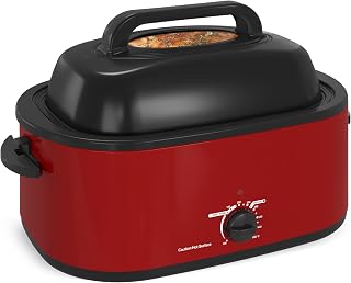Buffet 24Qt Turkey Roaster with Self-Basting Lid, 1450W Electric Oven with Cool-Touch Handles, Stainless Steel Roaster with Removable Pan and Rack, Red