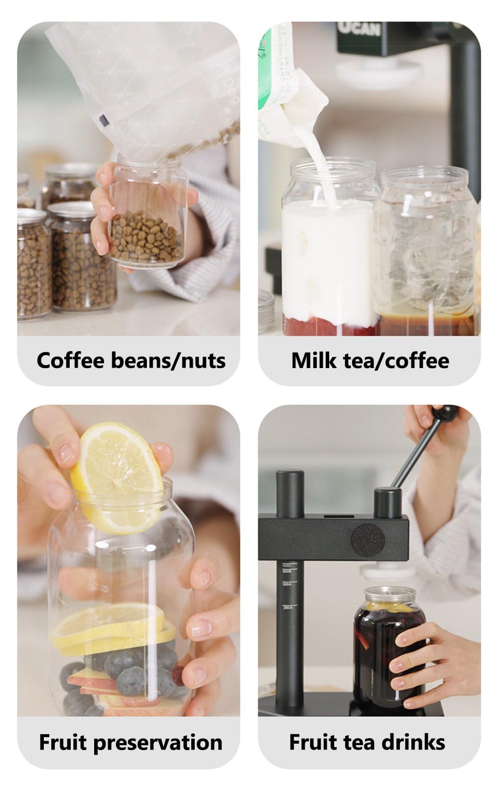 Bottiglie trasparenti per succhi con coperchio, contenitori sigillabili per succhi, latte, tè, caffè, acqua frizzante, set da 100, 500 ml ciascuna