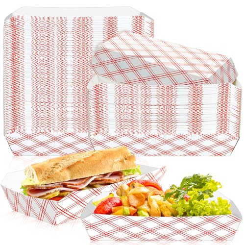 MotBach 7inch 2.5Lb Paper Food Boat Trays Disposable Paper Hot Dog Boat Containers Checkered Kraft Food Serving Tray Boats Plates for Hotdog Sandwich Popcorn Taco Snack Fries Nacho (50Pack)