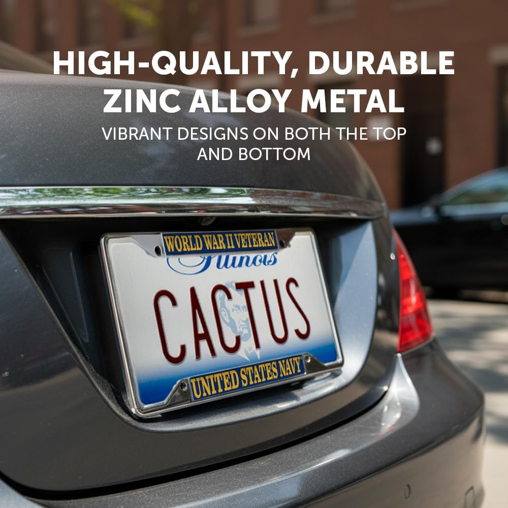 Desert Cactus US Navy World War II Veteran License Plate Frame Car Tag Holder for Front or Back of Car Officially Licensed Metal United States