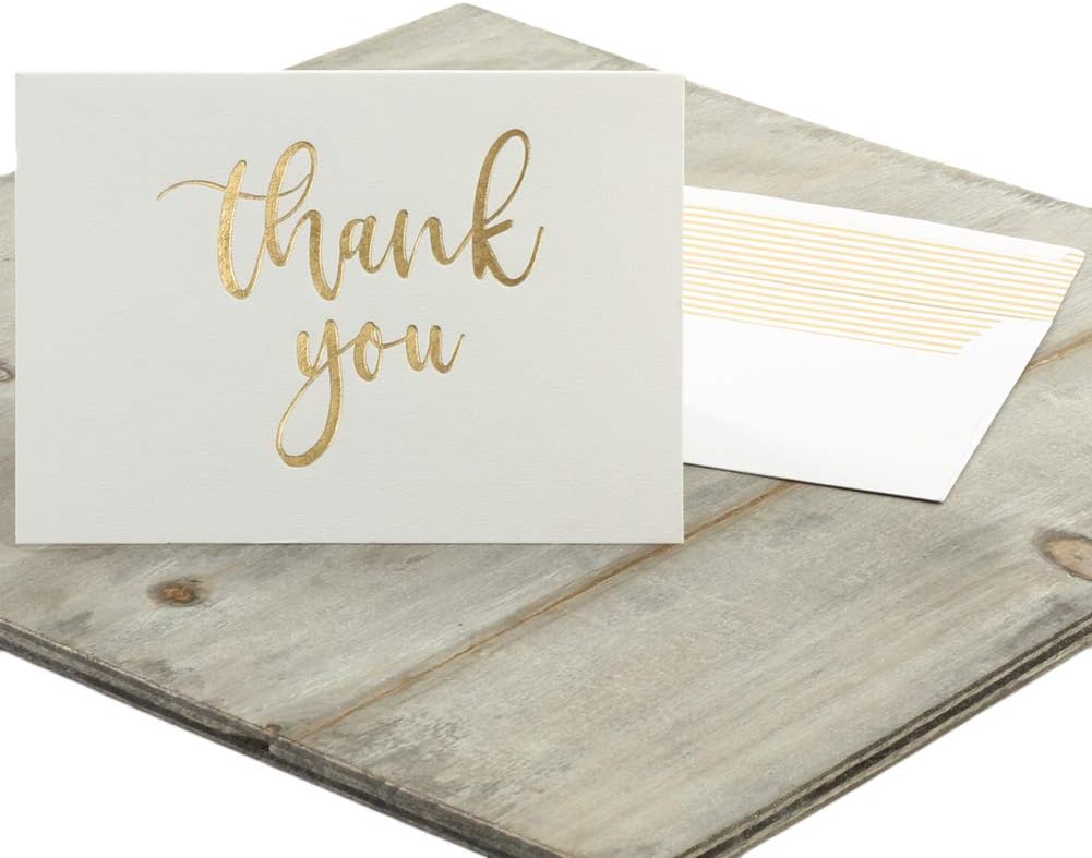 Andaz Press Gold Foil Letterpress Thank You Cards with Self Seal Envelopes, Bulk 50-Pack Note Cards, Embossed Letter Press Folded Calligraphy Thank You Message Stationary Cards for Baby Shower