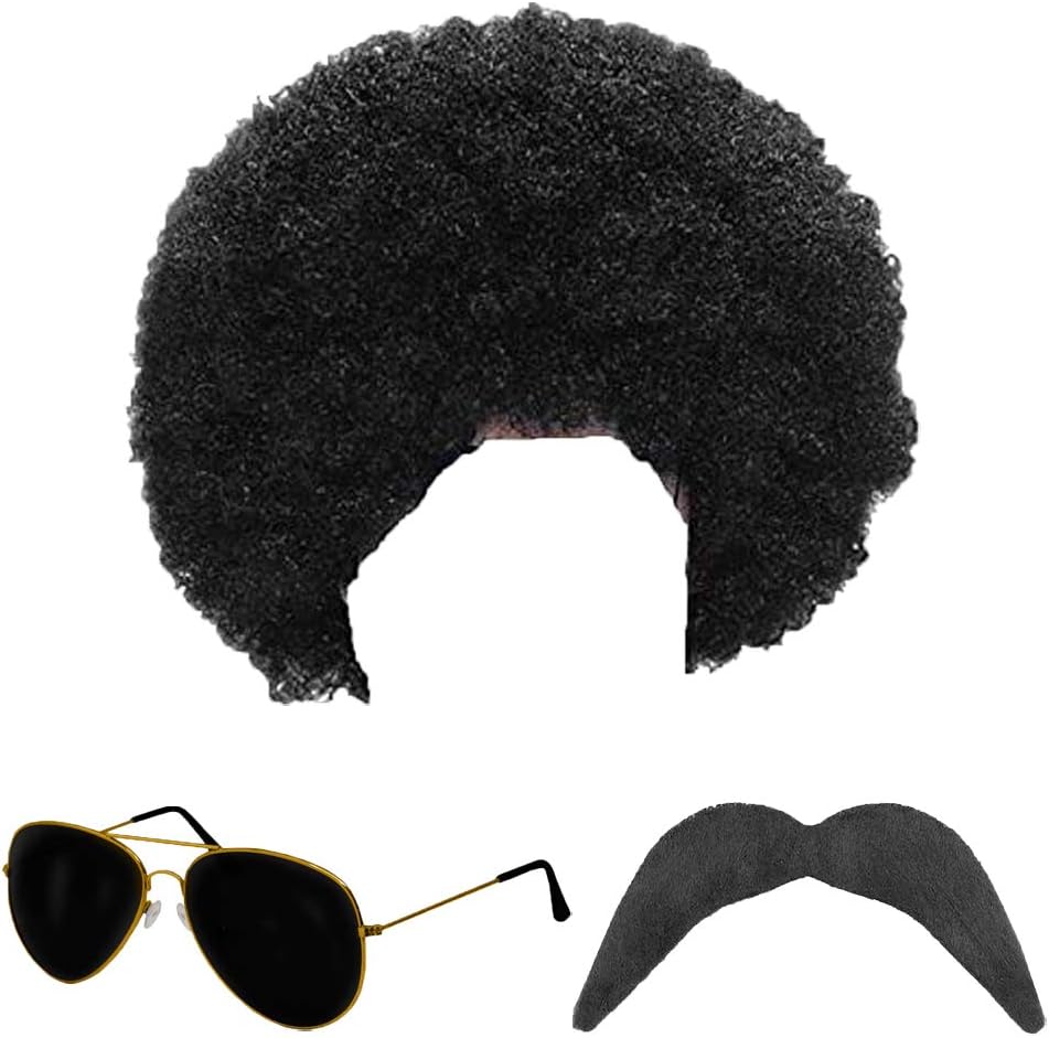 Pack of 2 - 1980s 80s Scouser Black Afro Wig, Moustache and Aviator Sunglasses Fancy Dress