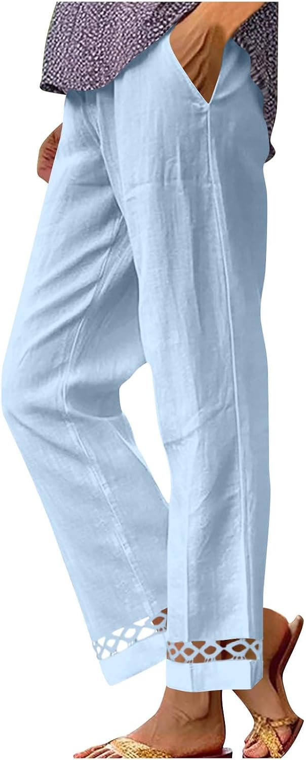 Linen Pants for Women Summer Cotton Linen Cutout Palazzo Pant Flowy Wide Leg Pant Loose Beach Trouser with Pockets