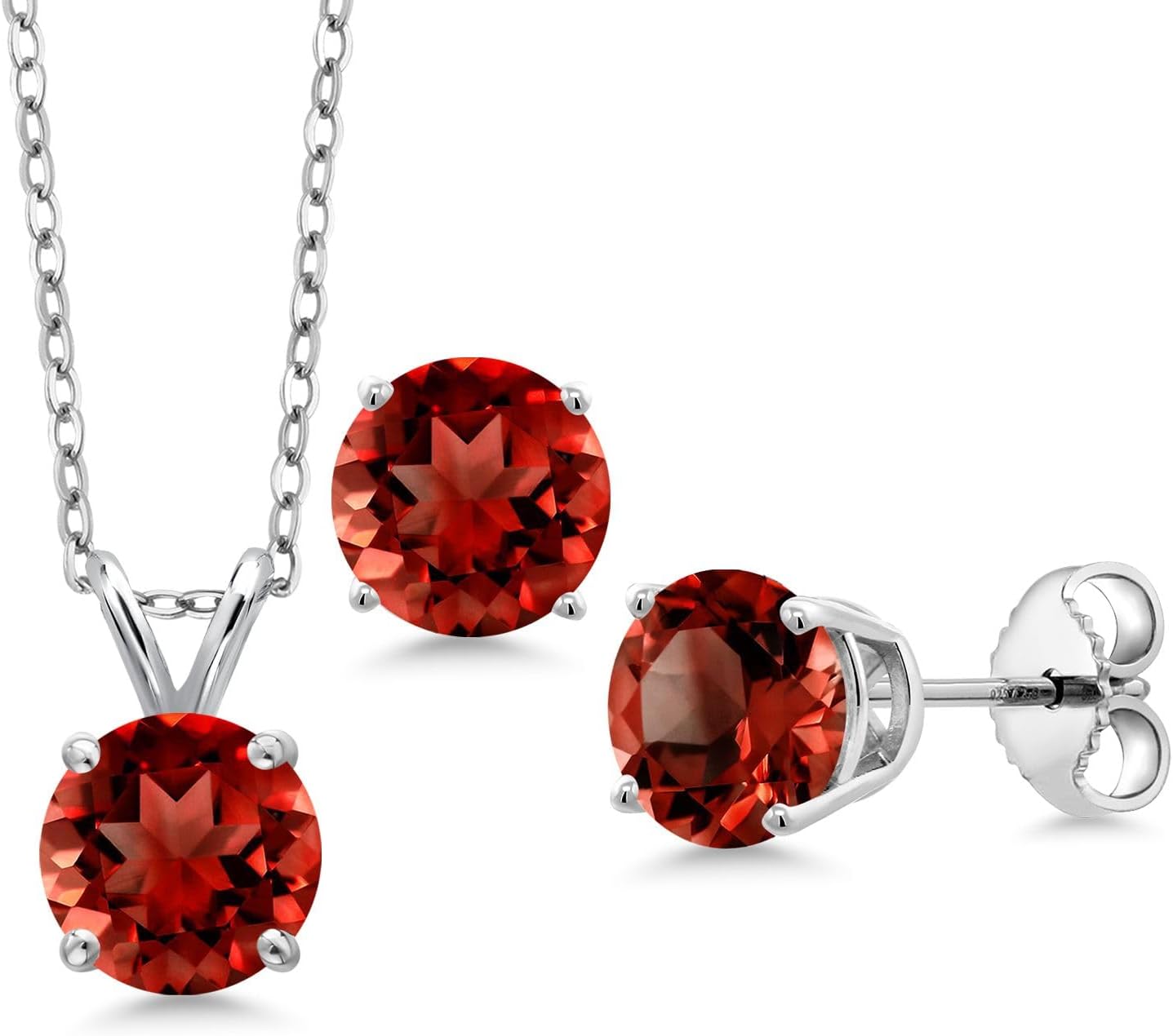 Gem Stone King 3.00 Cttw Red Garnet Stud Earrings Pendant Necklace Jewelry Set For Women | 925 Sterling Silver | Gemstone Birthstone | Round 6MM | With 18 Inches