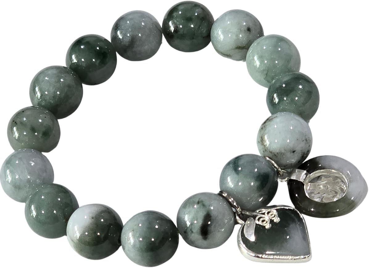 Premium Natural Green Jade Bracelet 13.7mm Beads – Handmade Elastic 6.5” Wrist Mala with Heart Charm & Lucky Coin Pendant – Feng Shui Wealth, Luck & Protection Jewelry Gift with Pouch