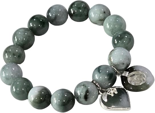Premium Natural Green Jade Bracelet 13.7mm Beads Handmade Elastic 6.5 Wrist Mala with Heart Charm & Lucky Coin Pendant Feng Shui Wealth, Luck & Protection Jewelry Gift with Pouch