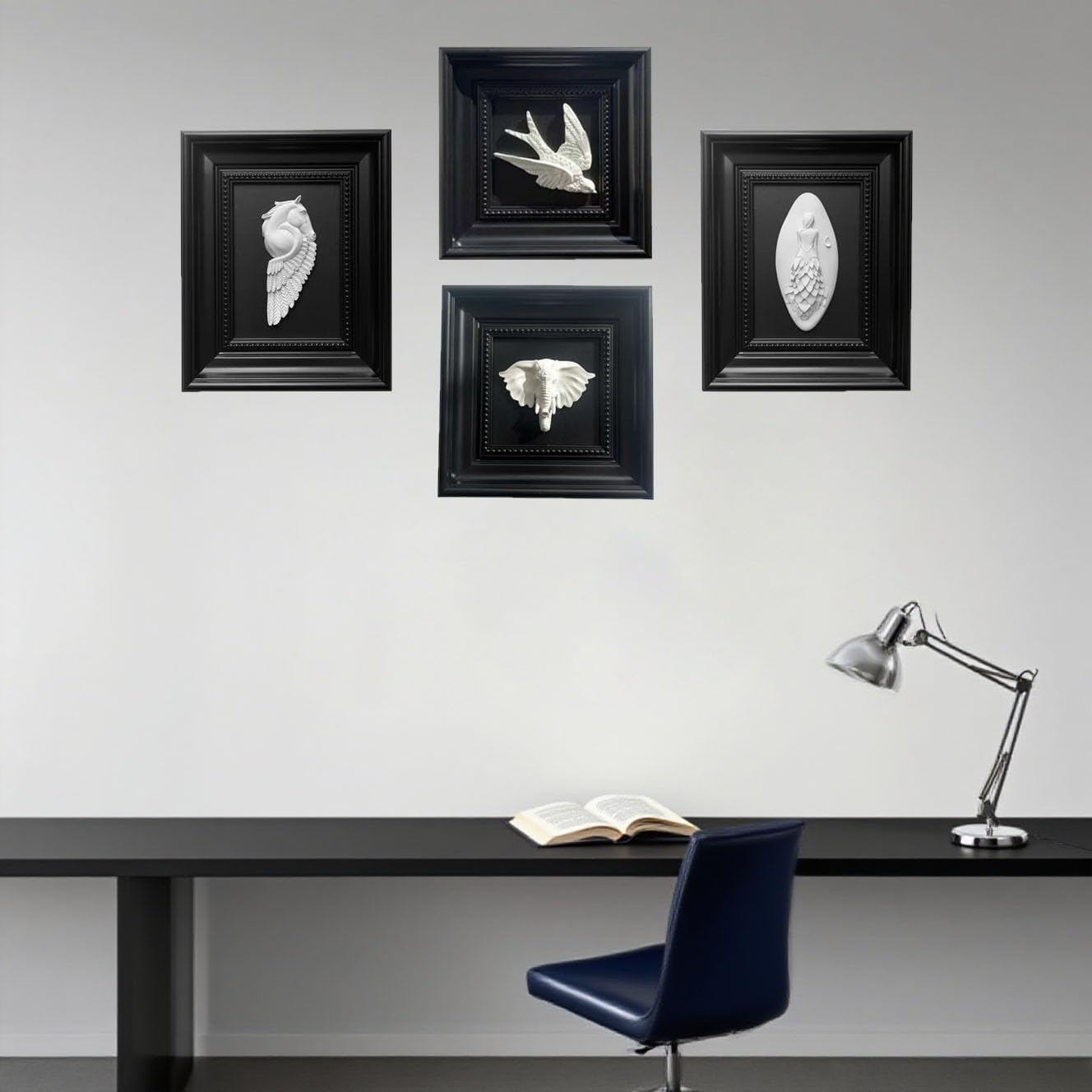 Bergamot 4 Pack Black and White Framed Wall Art, 3D Home Vintage Animal Wall Sculptures Décor for Office, Living Room, Bedroom, Bathroom