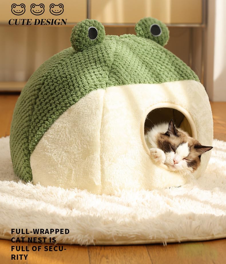 review Cute Frog Cat Bed with Removable Cushion Pillow, Fluffy Frogs Style Cat Cave House Green, Sleeping Bag Pet Tent for Cats and Small Dogs