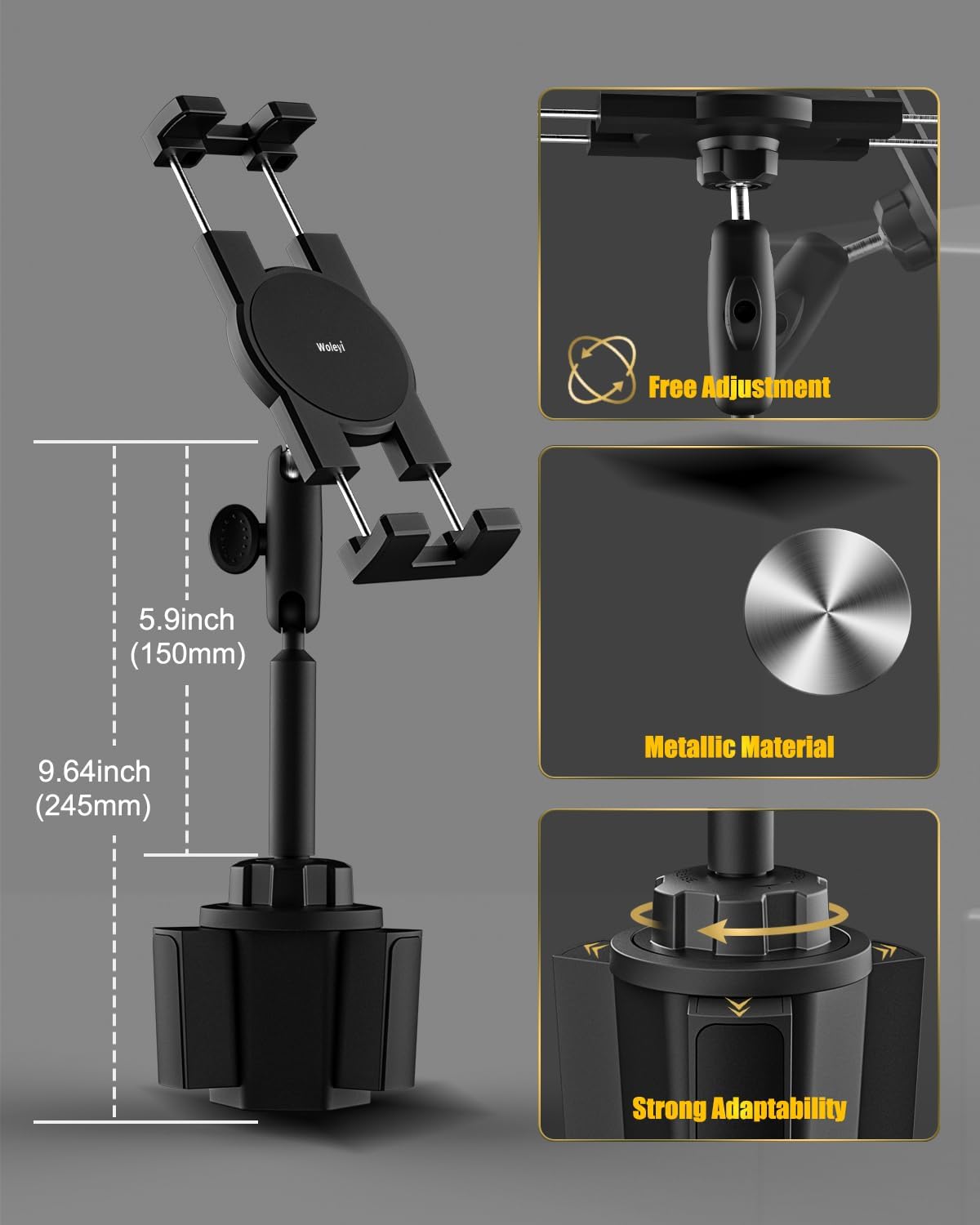 woleyi Cup Holder Tablet Holder for Car Mount - [Metal Arm] Heavy Duty Adjustable Car Cup Tablet Mount Truck Car Accessories, for 4-13" Tablets iPad Pro Air Mini, Galaxy Fold, Kindle Fire, iPhone