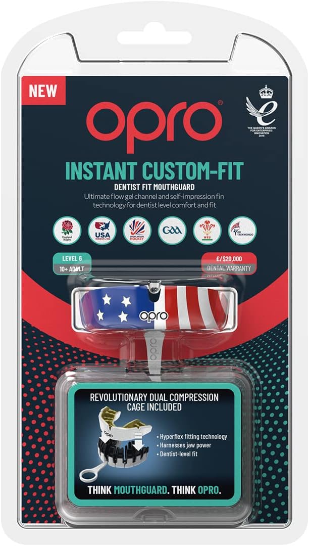 Opro Instant Custom-Fit Countries Mouth Guard, Dentist Mouthguard, Revolutionary Fitting Technology for Ultimate Comfort, Protection & Fit, Gum Shield for Rugby, Boxing, Hockey, MMA (USA, Adult)