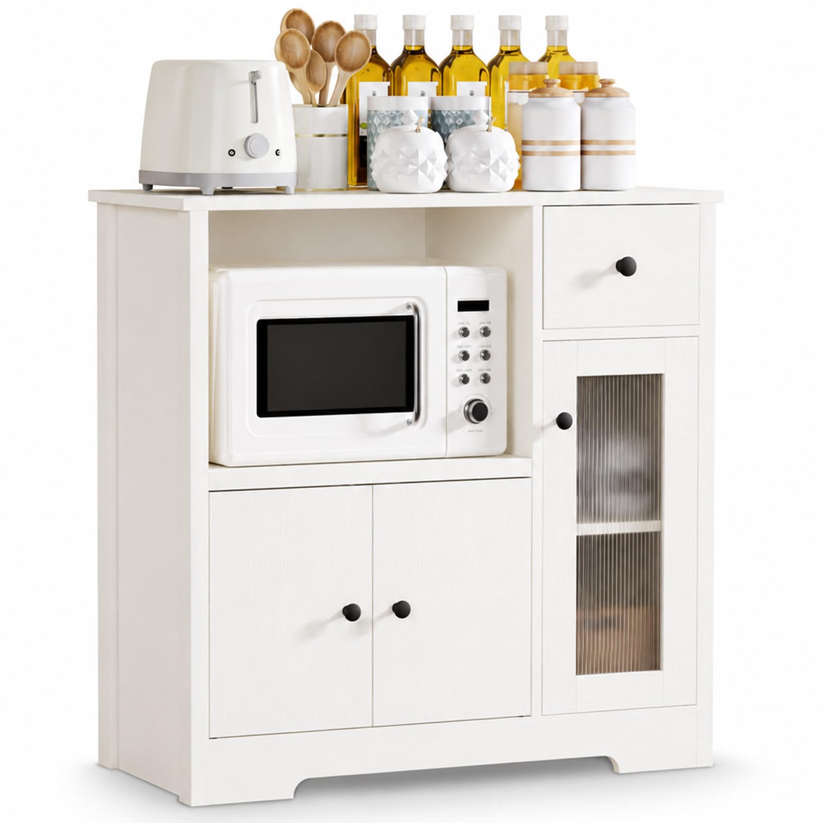 Yorbay Weiß Küchenschrank mit Arbeitsplatte und Mikrowellenregal: Sideboard mit 1 Schublade und 3 Türen für Küche - Mehrzweckschrank mit Kippschutz für Esszimmer Wohnzimmer