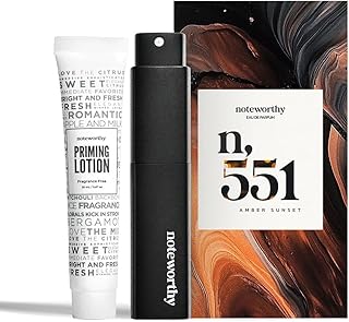 Noteworthy n,551 Amber Sunset Eau De Parfum – Lily of the Valley, Amber, Sandalwood | Sophisticated Fragrance for Any Occasion | Long-lasting Unisex Perfume for Women & Men (Travel+Priming Lotion)