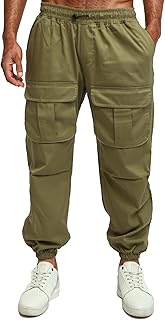 بنطلون كارجو سادة مع خصر بأستك ورباط للرجال من ريفين، زيتي