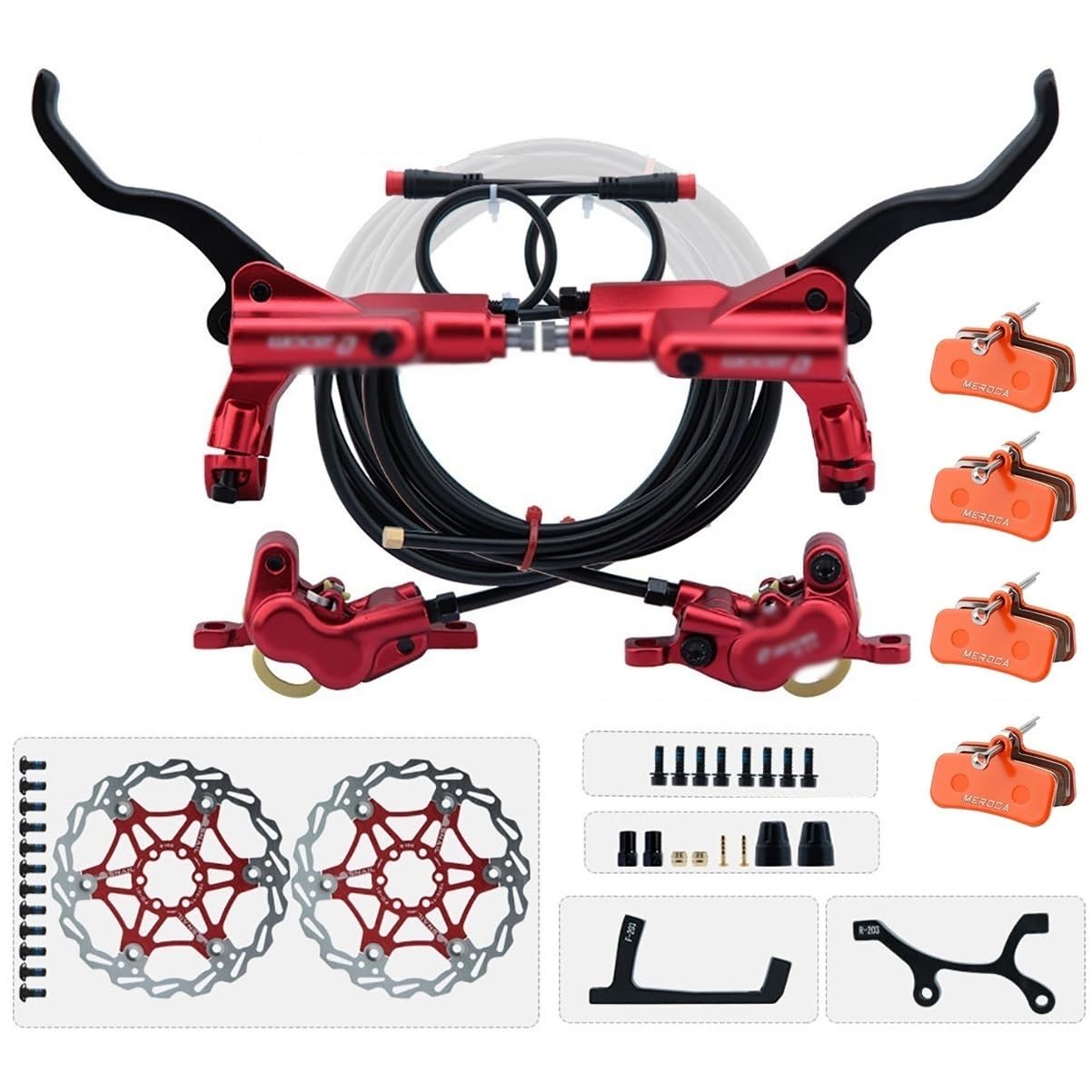 Set Freni A Disco Idraulici per E-Bike A 2 Pin E 4 Pistoncini con Rotori da 203mm Kit Freni per Mountain Bike Include Pastiglie Freno E Adattatore Anteriore/Posteriore 2300mm(Red-203mm)