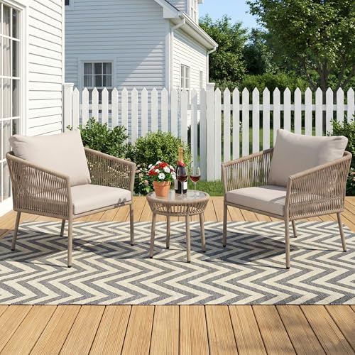 Image of OUTLIVING Braid & Rope Garden Patio Seating Chair and Table Set Outdoor Balcony Garden Coffee Table Set Furniture with 1 Table and 2 Chairs Set with Cushion (Beige and White), 61 cm, 81.3 cm