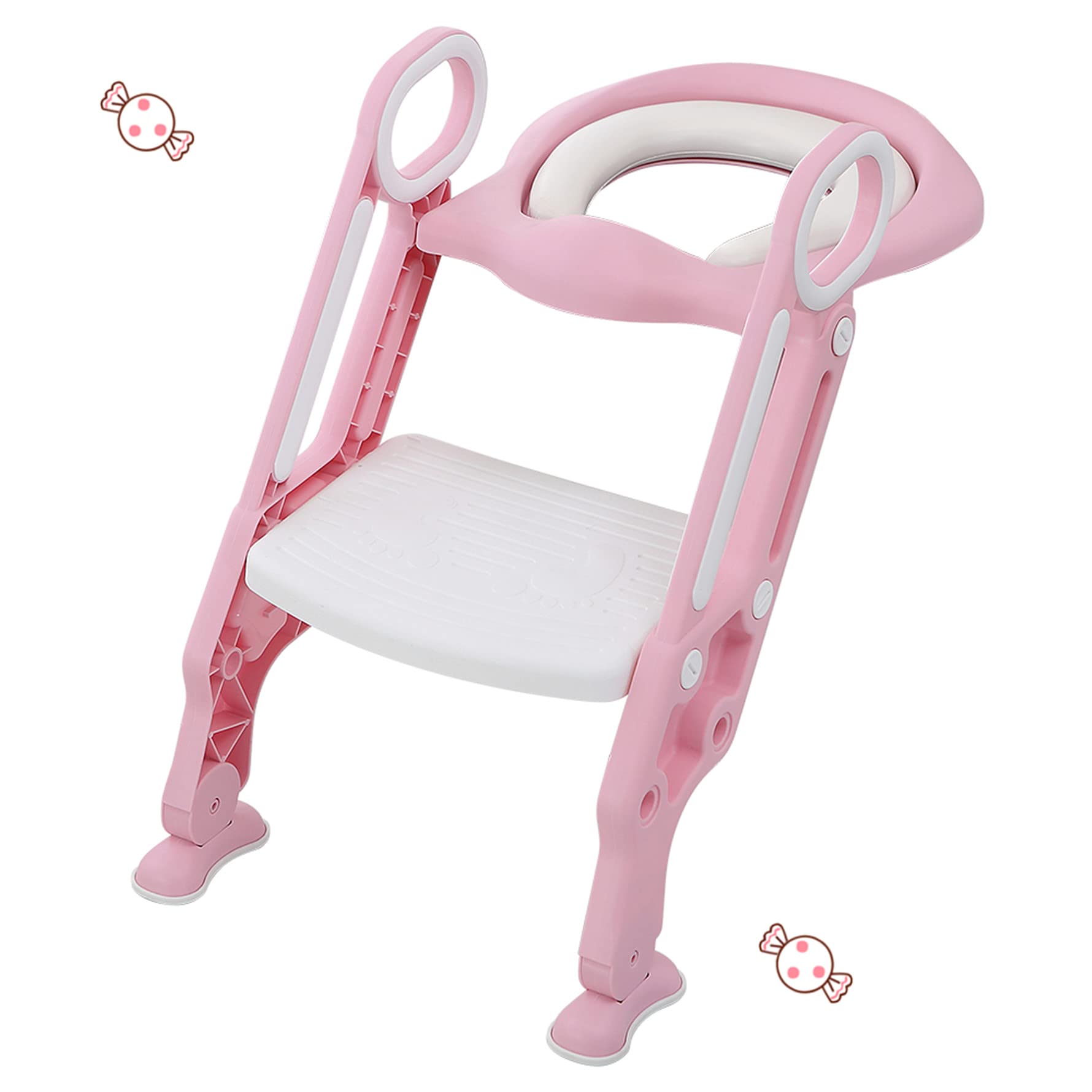 Siège de toilette avec escalier pour enfants,Enfant Réglable et Pliable, Réducteur de Toilette Bébé avec Marches, Entraîneur de Toilette, pour Toilette de Hauteur 38-42cm (Rose+Blanc)